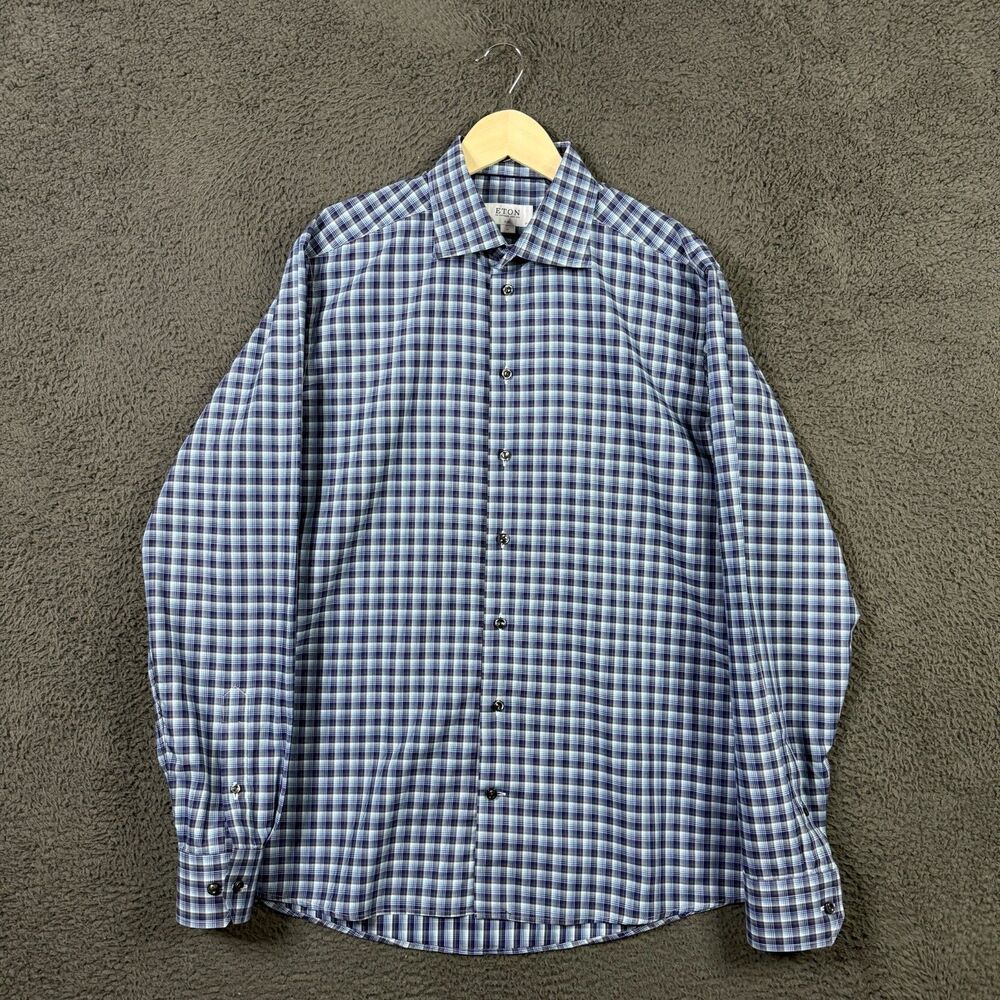 Eton Dress Shirt Mens 17 Blue Check Slim Fit Spread Collar Long Sleeve Button Up